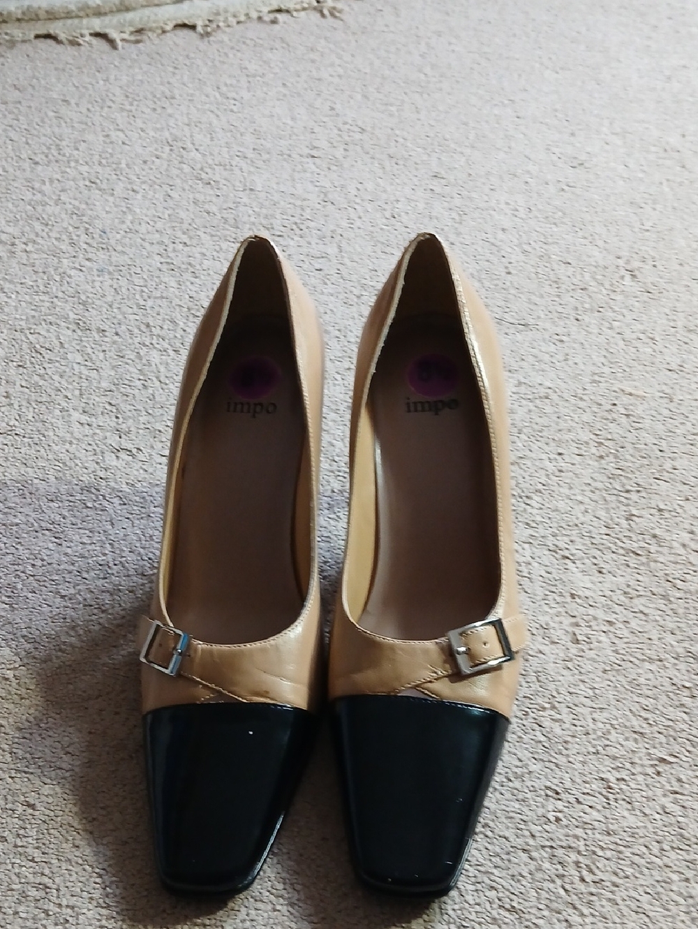 Impo Two-Tone Tan and Black Square-Toe Pumps with Buckle